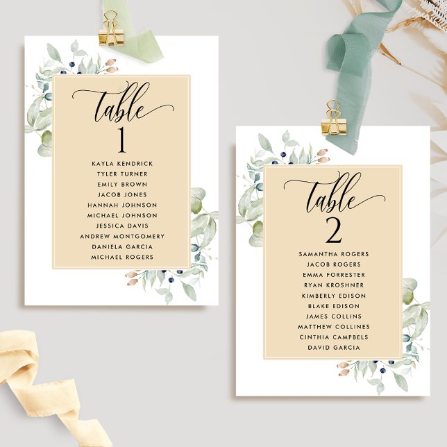 Greenery, Seating Plan Cards w/ Guest Names, Tan (Creator Uploaded)