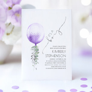 Greenery Silver and Purple Balloon Baby Shower Invitation