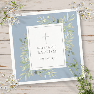Greenery Silver Baptism Christening Dusty Blue Napkin