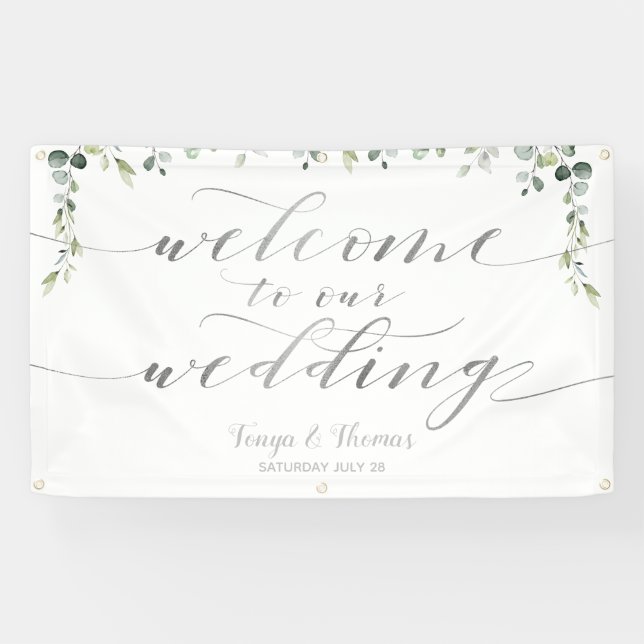 Greenery Silver Calligraphy White Welcome Wedding Banner (Horizontal)