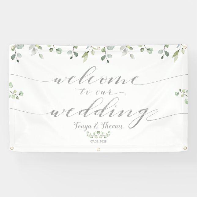 Greenery & Silver Fancy Font Calligraphy Welcome Banner (Horizontal)