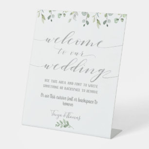 Greenery & Silver Fancy Font Calligraphy Welcome Pedestal Sign