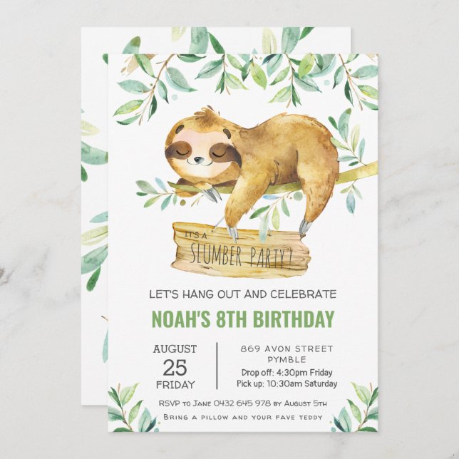 Greenery Sloth Slumber Sleepover Pajama Birthday Invitation (Front/Back)