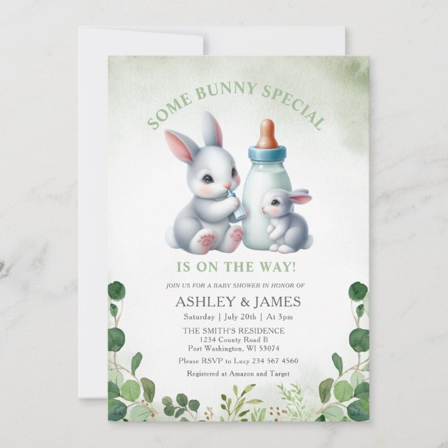 Greenery Some Bunny with Milk Baby Shower Invitation (Front)
