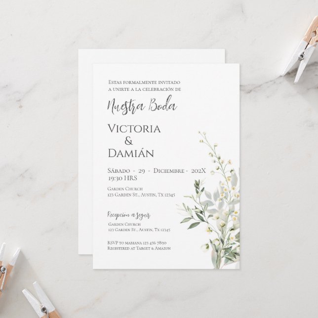 Greenery Spanish Wedding Invitation (Front/Back In Situ)