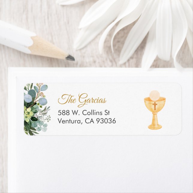 Greenery Spanish with chalice First Communion  Return Address Label (Insitu)