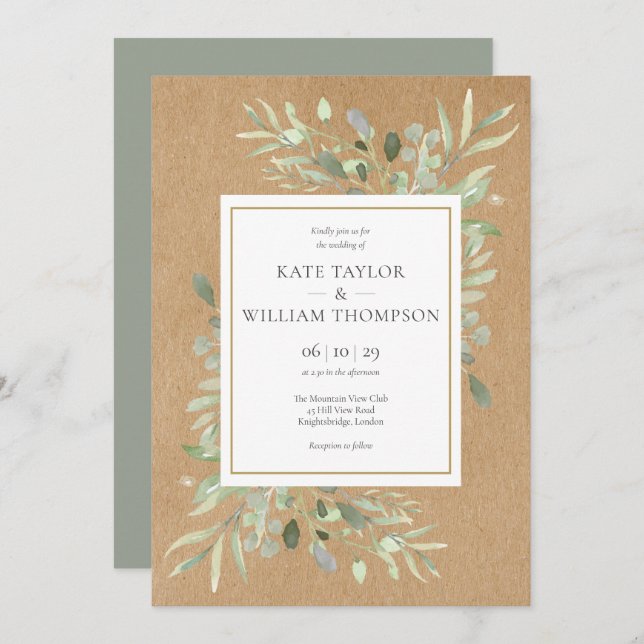 Greenery Spring Leaves Rustic Kraft Wedding Invitation (Front/Back)
