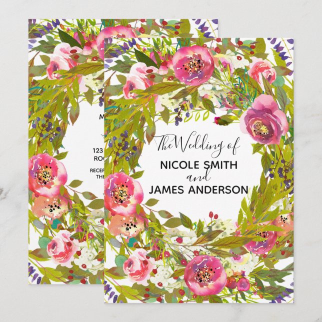 Greenery Spring Pink Floral Flowers Wedding Invitation (Front/Back)