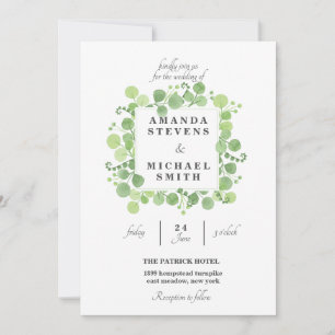 Greenery Sqare leaves Wreath Watercolor Wedding Invitation