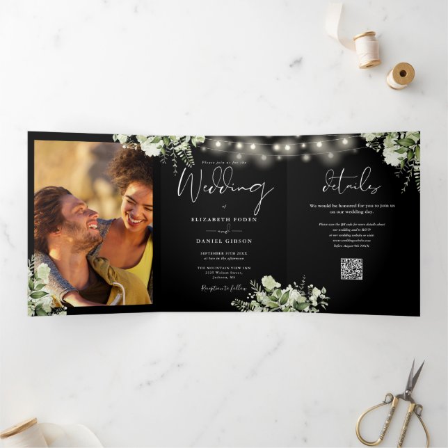Greenery String Lights 2 Photo QR Code Wedding Tri-Fold Invitation (Inside)