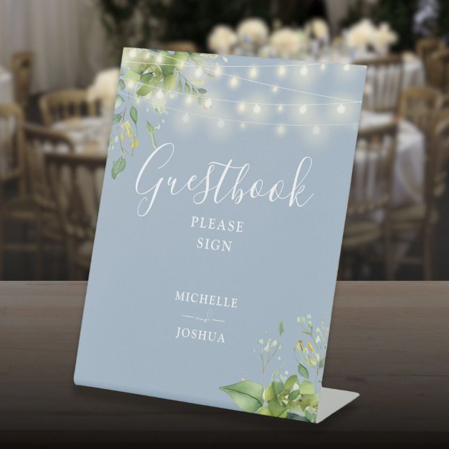 Greenery String Lights Dusty Blue Guestbook Pedestal Sign (Greenery String Lights Dusty Blue Guestbook Pedestal Sign)