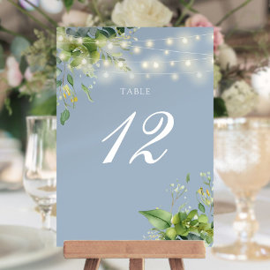 Greenery String Lights Dusty Blue Table Number