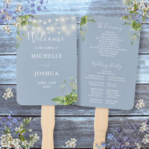 Greenery String Lights Dusty Blue Wedding Program Hand Fan
