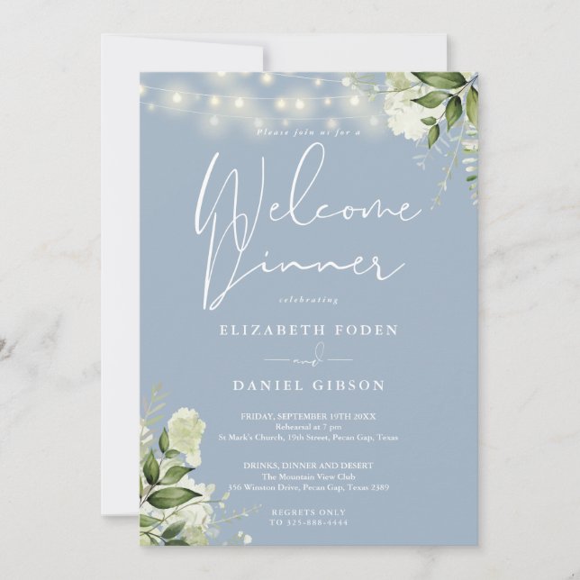 Greenery String Lights Dusty Blue Welcome Dinner Invitation (Front)