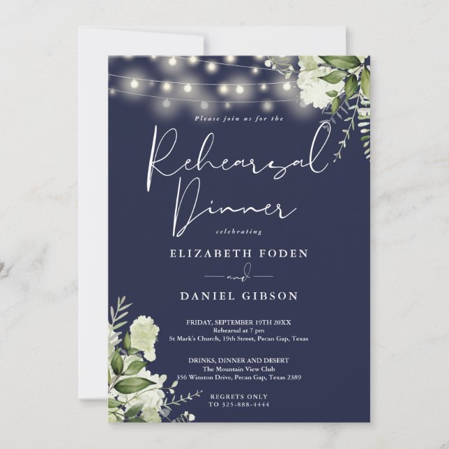 Greenery String Lights Navy Blue Rehearsal Dinner Invitation (Front)