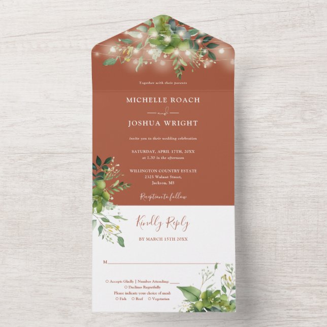 Greenery String Lights Terracotta Wedding All In One Invitation (Inside)