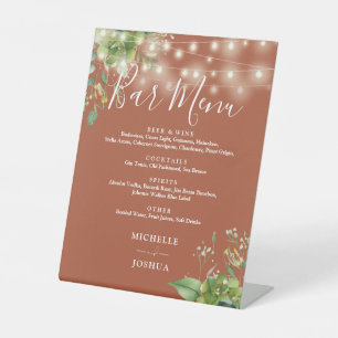 Greenery String Lights Terracotta Wedding Bar Menu Pedestal Sign