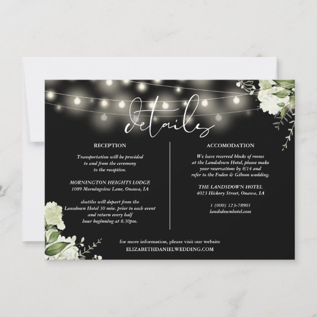 Greenery String Lights Wedding Details Information Invitation (Front)