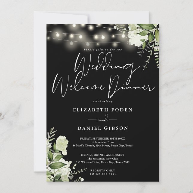 Greenery String Lights Wedding Welcome Dinner Invitation (Front)