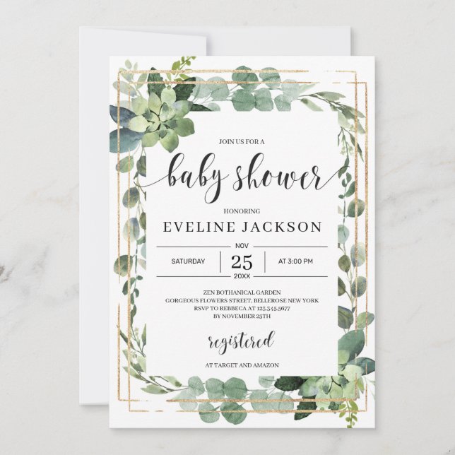 Greenery succulent floral boho baby shower invitation (Front)