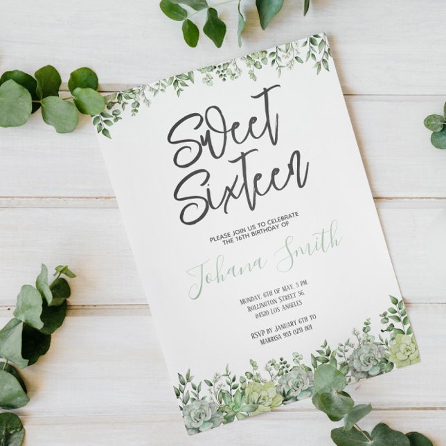 Greenery Succulent Sweet Sixteen Birthday Invitation (Creator Uploaded)