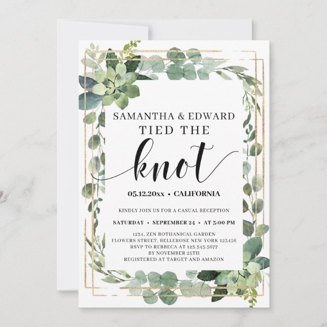 Greenery succulent tied the knot engagement invitation (Front)