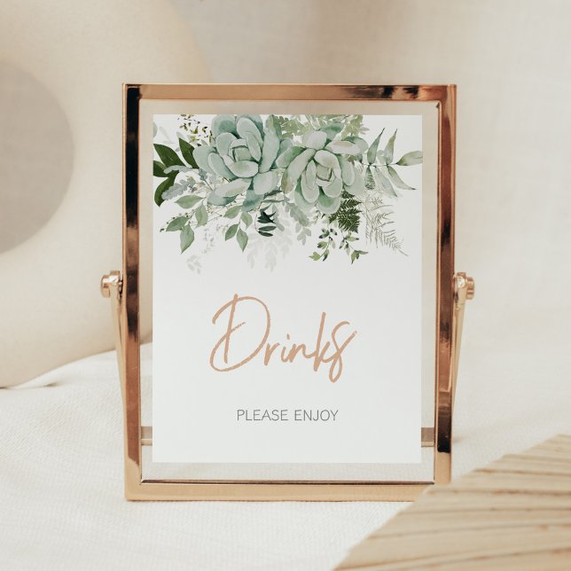 Greenery Succulents Baby Shower Drinks Poster (Succulent Gender Neutral Baby Shower Drinks Sign)