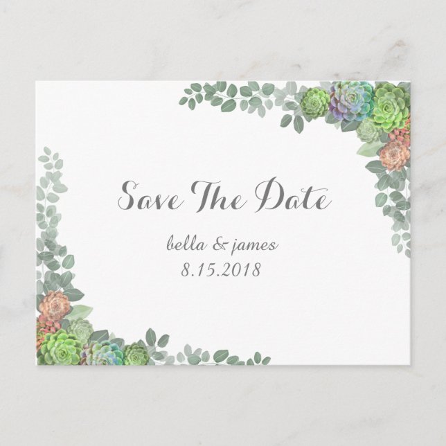 Greenery Succulents Save The Date Postcards (Front)