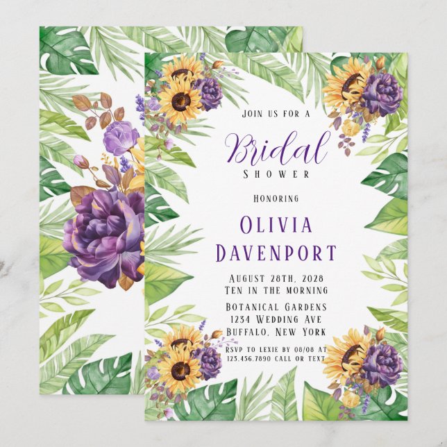 Greenery Sunflower Purple Floral Bridal Shower Invitation (Front/Back)
