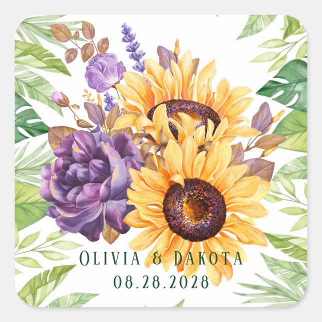Greenery Sunflowers and Purple Floral Wedding Square Sticker (Front)