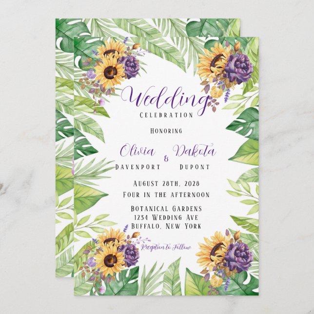 Greenery Sunflowers and Purple Florals Wedding Inv Invitation (Front/Back)