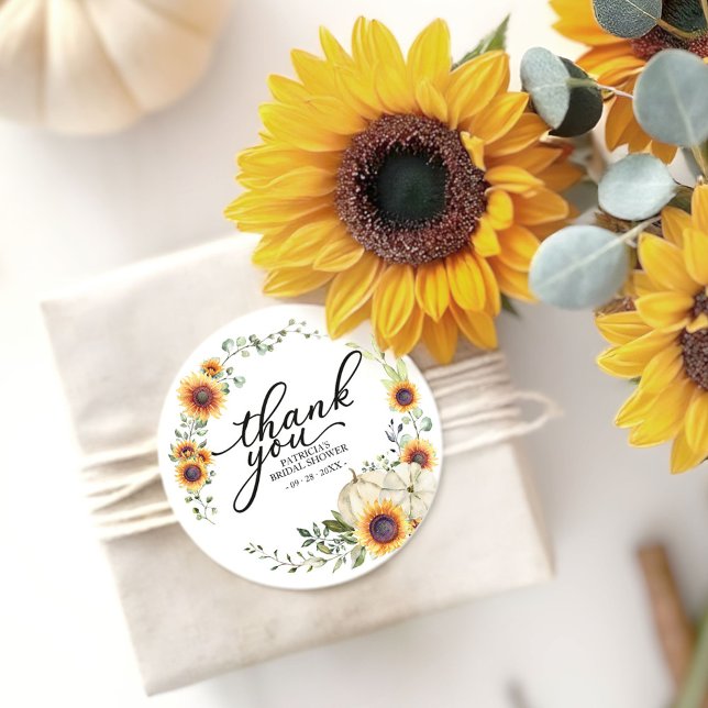 Greenery Sunflowers Fall Bridal Shower Favour Classic Round Sticker (Creator Uploaded)
