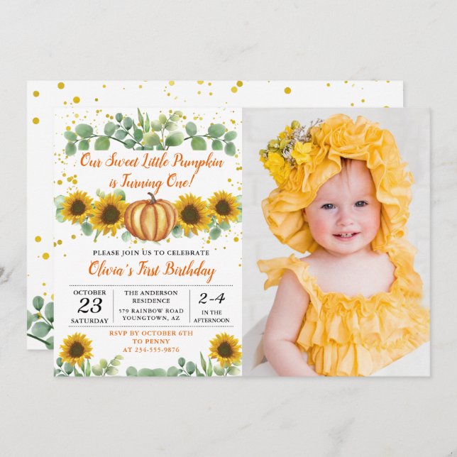 Greenery Sunflowers Pumpkin Autumn Birthday Photo Invitation (Front/Back)