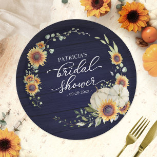 Greenery Sunflowers Pumpkin Fall Bridal Blue Wood Paper Plate