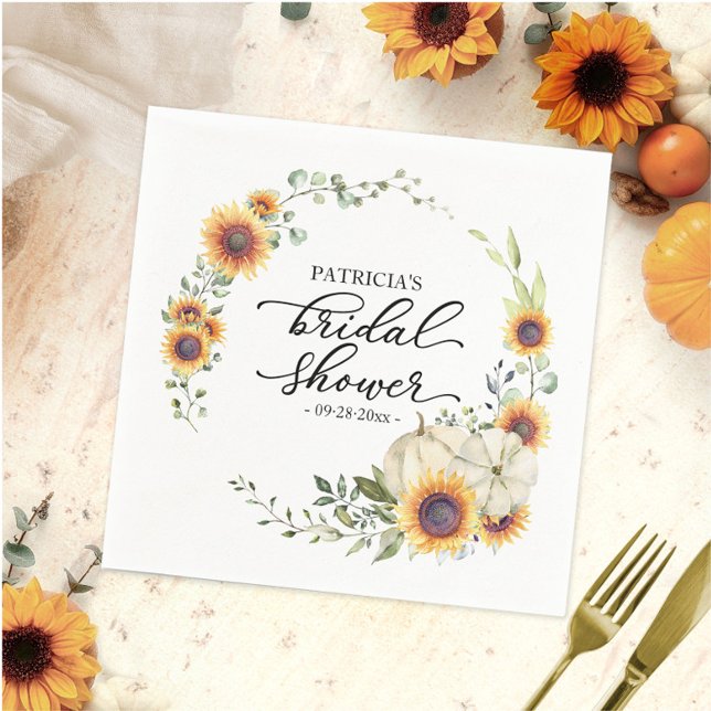 Greenery Sunflowers Pumpkin Fall Bridal Shower Napkin (Creator Uploaded)