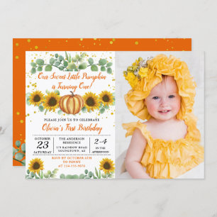 Greenery Sunflowers Pumpkin First Birthday Photo Invitation