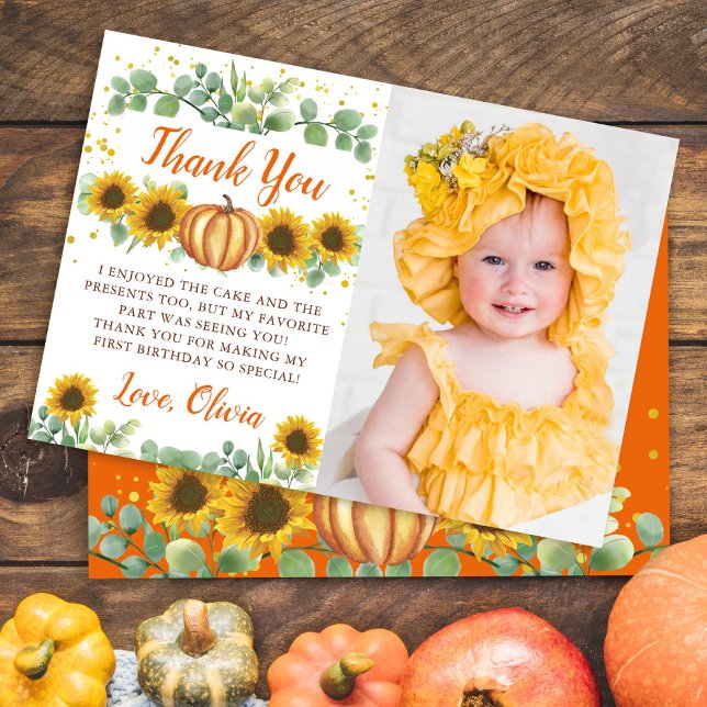 Greenery Sunflowers Pumpkin First Birthday Photo Thank You Card (Creator Uploaded)