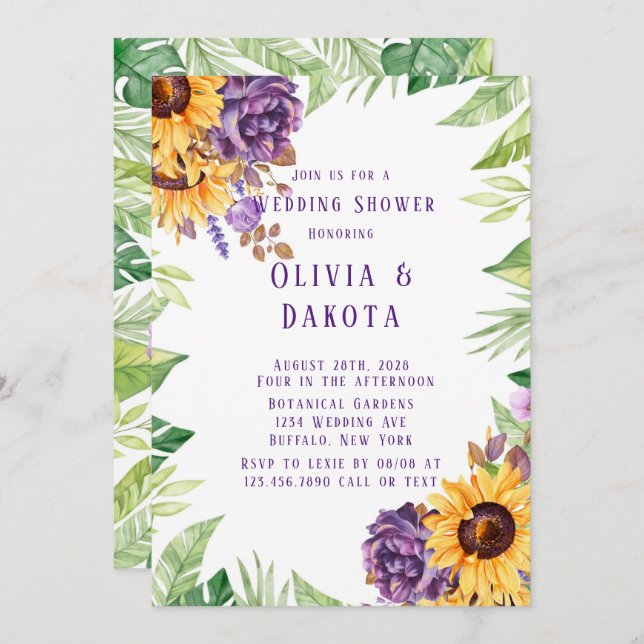 Greenery Sunflowers Purple Floral Wedding Shower Invitation (Front/Back)