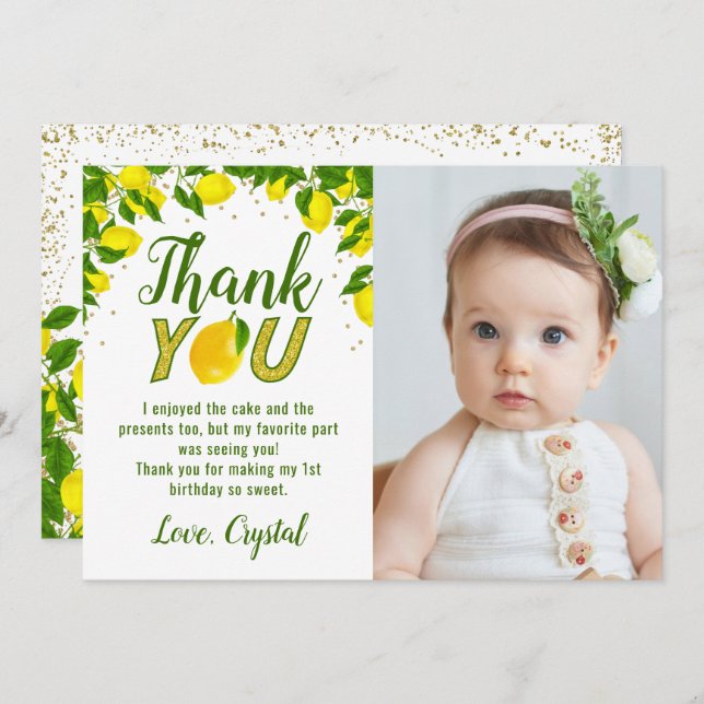 Greenery Sweet Lemon Gold Glitter Birthday Photo Thank You Card (Front/Back)
