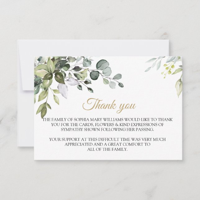 Greenery Sympathy Funeral Thank You Note (Front)