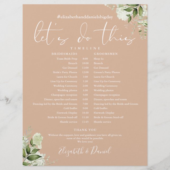 Greenery Tan Wedding Schedule Timeline (Front)
