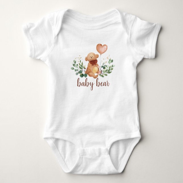 Greenery Teddy Bear Baby Bear Brown Balloon Bodysuit (Front)