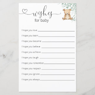 Greenery Teddy  Bear Baby Shower Wishes For Baby