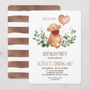 Greenery Teddy Bear Bearly Wait Baby Birthday Invitation