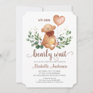 Greenery Teddy Bear Bearly Wait Baby Shower Invitation