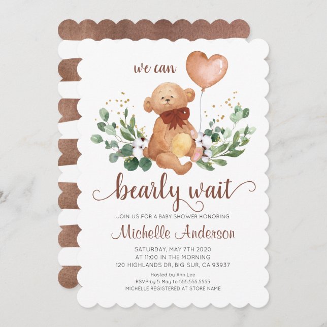 Greenery Teddy Bear Bearly Wait Baby Shower Invitation (Front/Back)