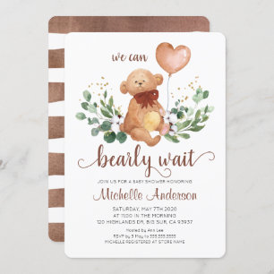 Greenery Teddy Bear Bearly Wait Baby Shower Invitation