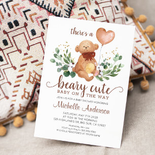 Greenery Teddy Bear Beary Cute Baby Shower Invitation