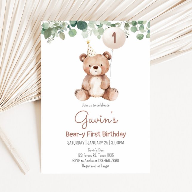 Greenery Teddy Bear Birthday Party Invitation (Bear-y Birthday Party Invitation)