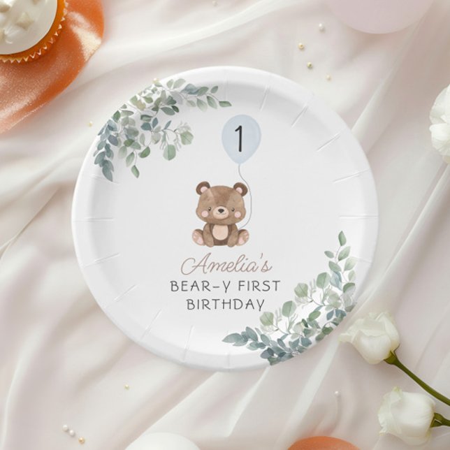 Greenery Teddy Bear First Birthday Gender Neutral Paper Plate (Creator Uploaded)